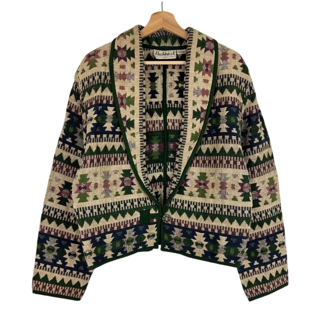 Flashback Women 90s Southwestern‎ Print Cotton Cropped Jacket Button Cotton L